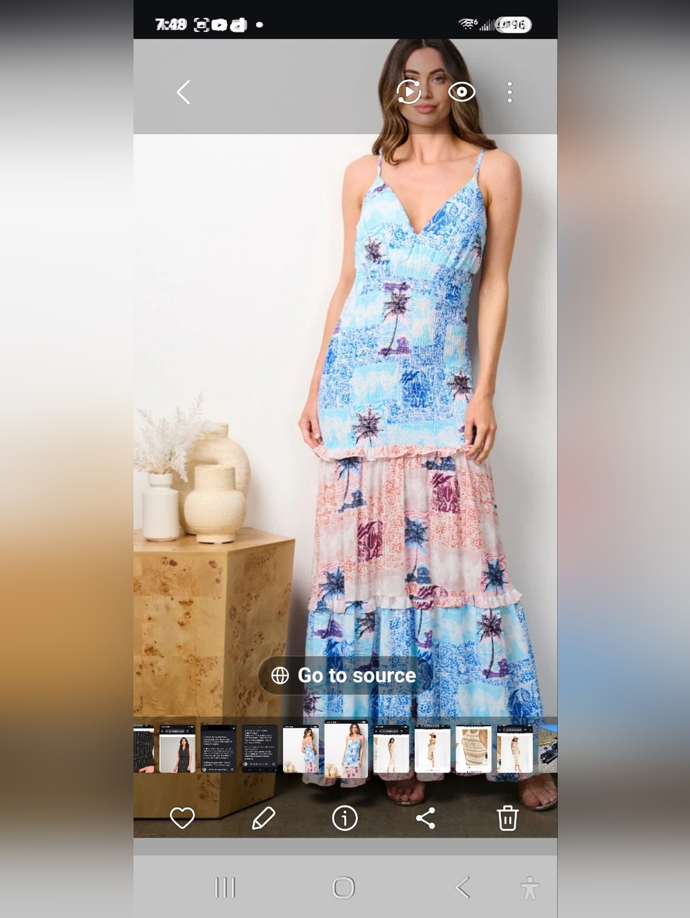 V-Neck Tiered Maxi Dress in Blue and Pink Palm Print